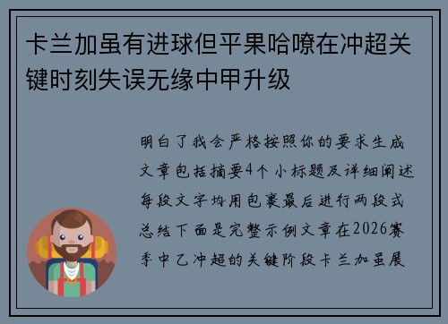 卡兰加虽有进球但平果哈嘹在冲超关键时刻失误无缘中甲升级 卡兰加虽有进球但平果哈嘹在冲超关键时刻失误无缘中甲升级